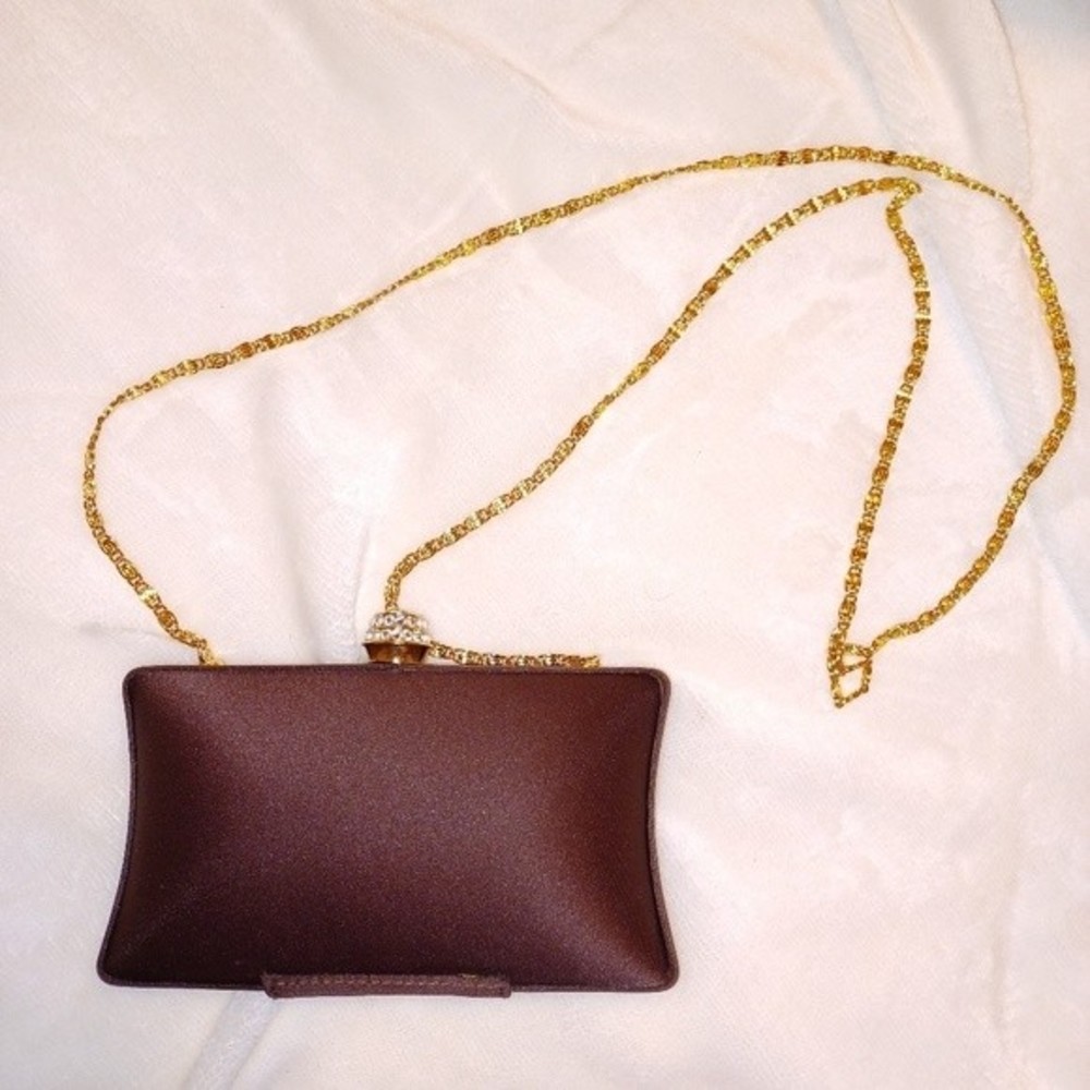 Purse Shoulder Cross Body Bag Event Wedding Brown Satin Gold Chain Jeweled